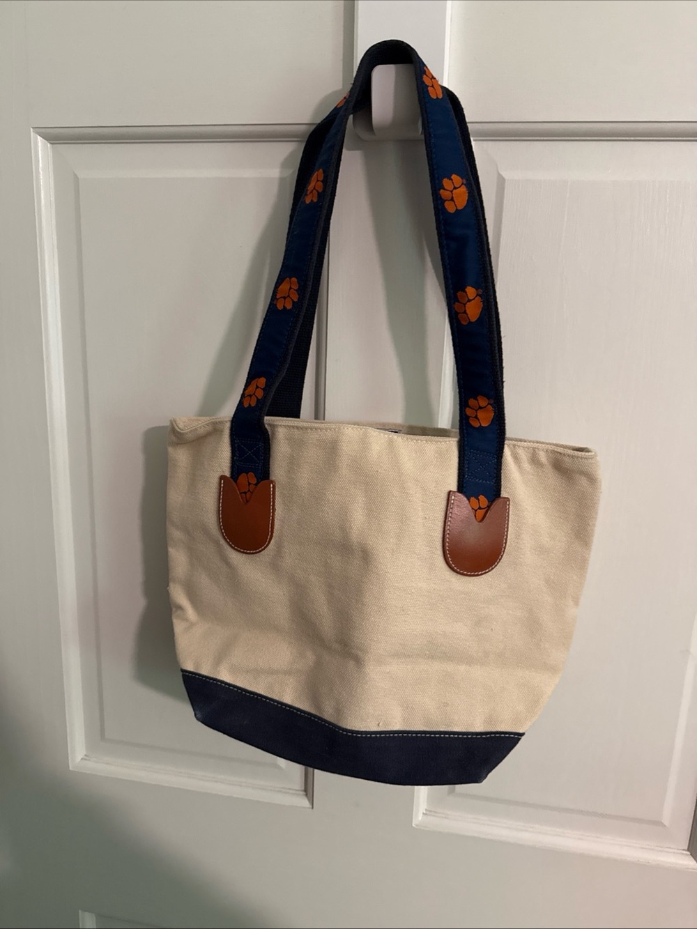 Clemson Canvas Tote Bag with Navy Straps and Paw Accent